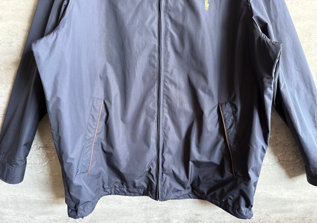 Vintage 1990s Polo Ralph Lauren Navy Blue Calf Leather Trim Bomber