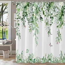 120GSM Green Eucalyptus Shower Curtain with 12PCS Hooks, Watercolor Floral Pr...