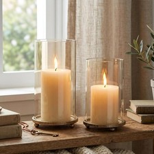 Gold Hurricane Candle Holders W/ Glass Sleeves Set of 2