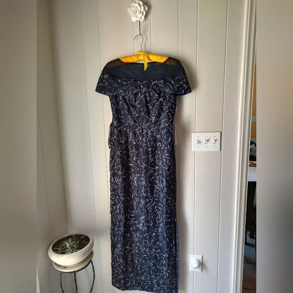 NWT JS Collections "Reese" Navy Column Gown with Sheer Illusion Neckline Size 8 - Image 2 of 4