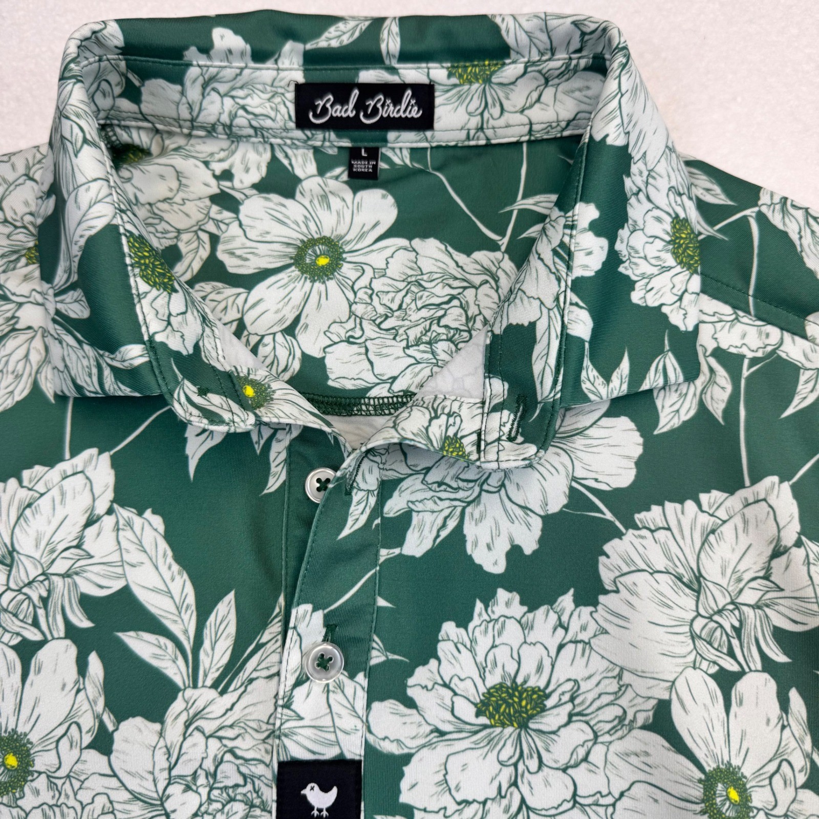 Bad Birdie Golf Polo Men Large Green White Floral Performance Short Sleeve Shirt