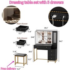 Makeup Vanity Desk with Mirror and Lights  Large LED Cabinet, 5 Drawers, Black