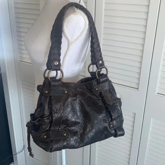 KOOBA Sienna Espresso Brown Pebbled Leather Handbag Brass