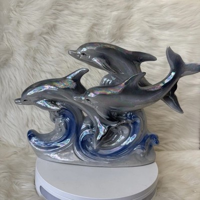Vintage Iridescent Ceramic Triple Dolphin Figurine With Ocean Waves Decor