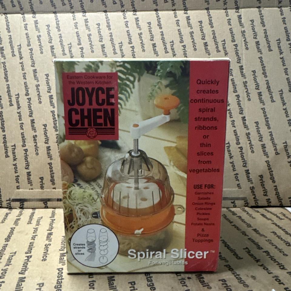 A 90s Joyce Chen spiral slicer — a genuine cult kitchen brand, still in its original box, before spiralizing was even a trend.