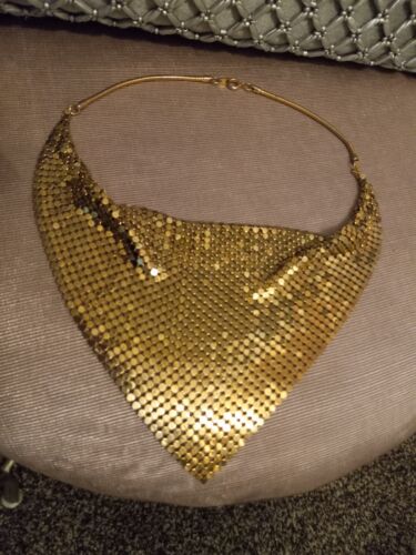 Vintage Gold Metal Mesh Bib Necklace, Disco Era