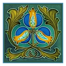 Art Nouveau Style Flower Greens and Blues Counted Cross Stitch Chart Pattern