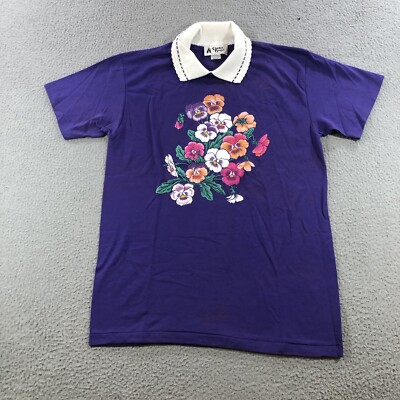 vtg Cracker Barrel T Shirt Women s M Purple Lace Collar  Pansies Flower Single