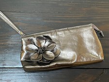 Sephora Clutch Purse Old Gold Flower Detail Wrist Strap Make Up Cosmetic Bag