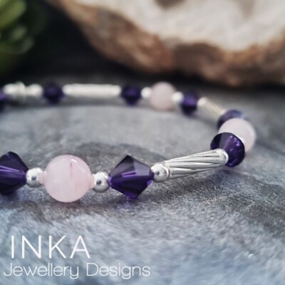 Inka 925 Sterlingsilber Perle & Rose Quarz & LILA Edelstein Stapelarmband 