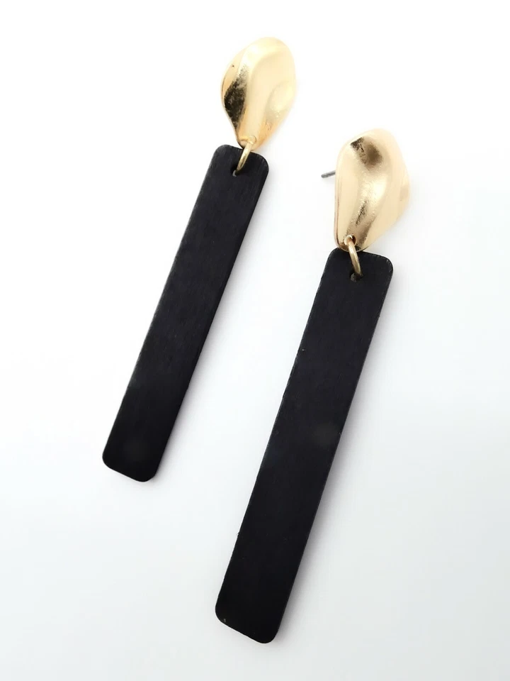 UNIQUE Lightweight Gold Plated Oval Elongated Black Rectangle Wood Bar Earrings - Image 2 of 4