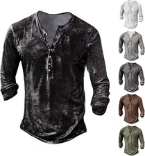 Men's Distressed Henley Shirts Long Sleeve Button Down Top Casual Washed T-Shirt