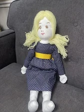 Vintage Handmade Cloth Rag Doll Yarn Hair Embroidered Face Folk Art 20” Tall