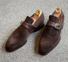 Handmade Mens formal Brown suede monk shoes, Brown suede buckle dress shoes