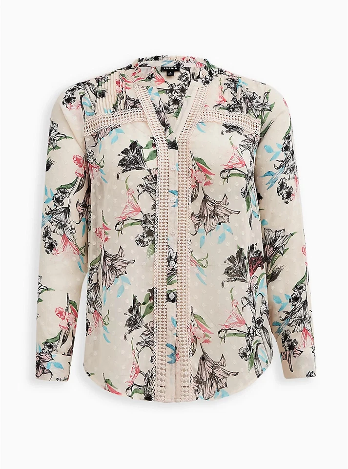 Torrid Chiffon Clip Dot Lace Inset V Neck Sheer Top Pink 5 5X 28 #B91658