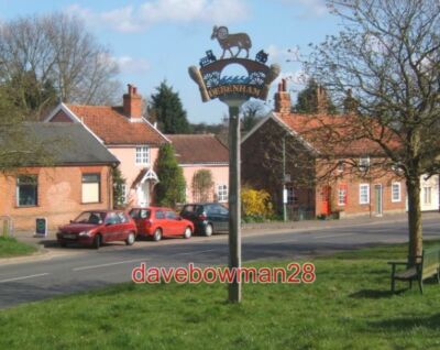PHOTO  DEBENHAM VILLAGE SCENE ON THE HIGH STREET WITH THE VILLAGE SIGN ALSO IN T