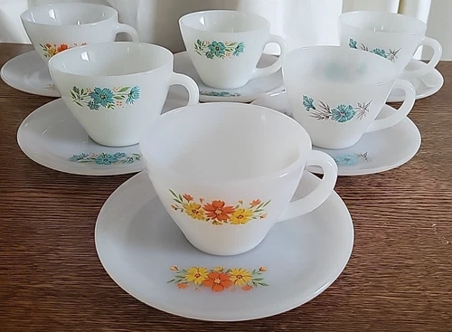 Vtg Anchor Hocking Fire King Milk Glass Set of 6 Coffee/Tea Cup Bonnie Blue