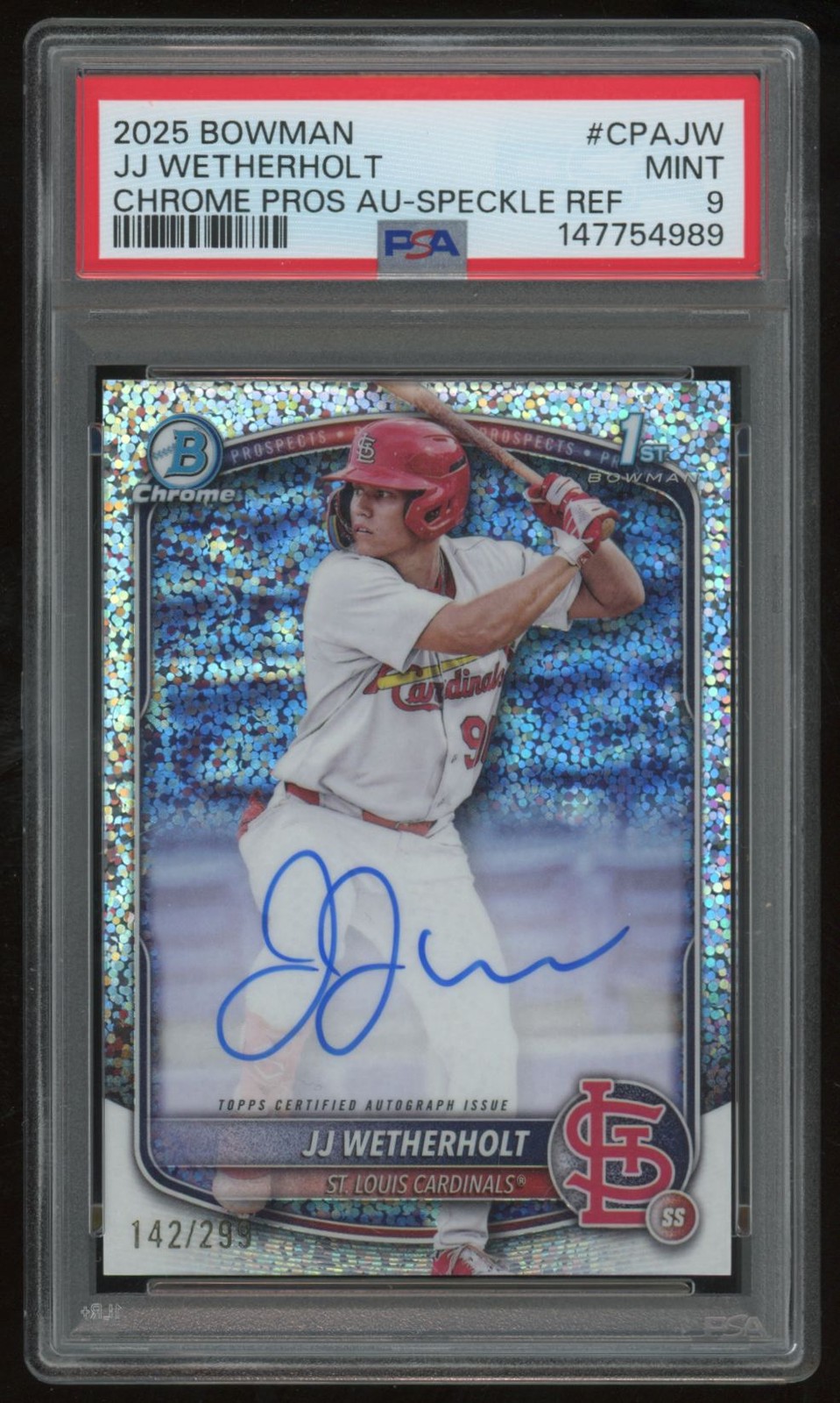 JJ WETHERHOLT 2025 BOWMAN CHROME SPECKLE REFRACTOR #CPA-JW AUTO 142/299 PSA 9