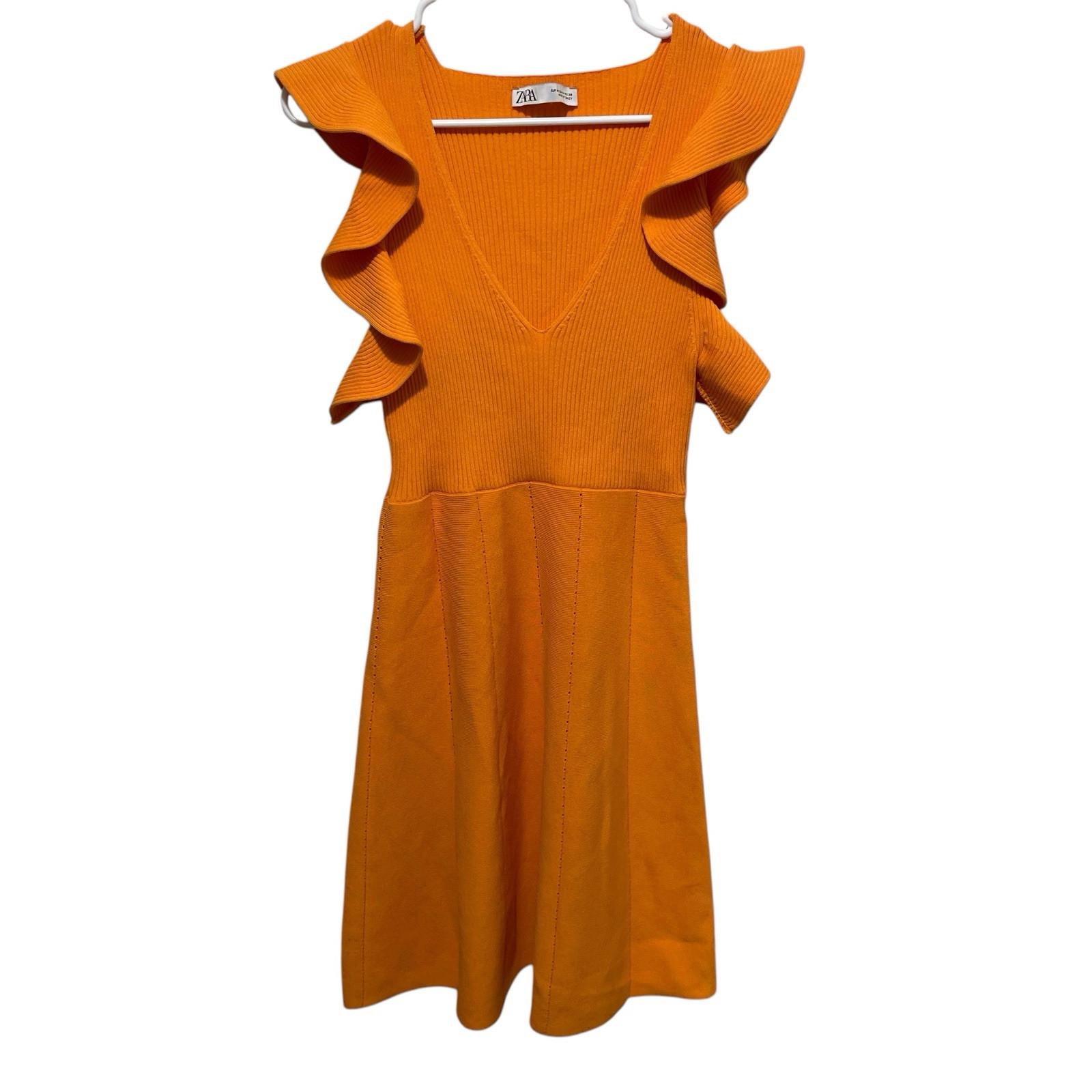 Zara Knit V-Neck Orange Dress Women's Size Medium Ribbed Ruffle Sleeve |  eBay