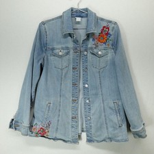 Chicos Denim Jacket Womens Size 1 Medium Light Wash Floral Embroidered