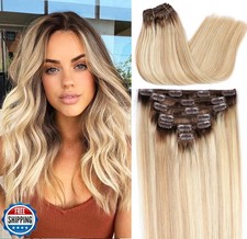ORIGEN Clip in Hair Extensions Real Remy Human Hair Dark Roots Golden Brown a