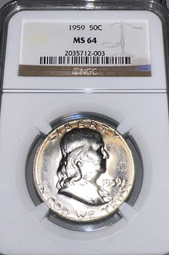 1959 50c Franklin Silver Half Dollar Fifty Cents NGC MS64