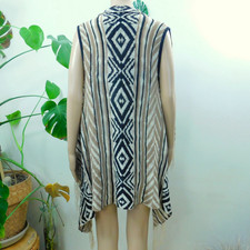 HIPPIE ROSE Long Knit Vest Aztec Boho Hippy Tan Black Diamond Print w/ Fringe S