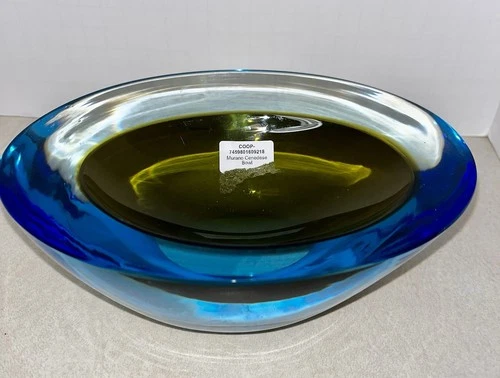 Vtg Murano Hand Blown Glass Oval Bowl Cenedese Aquamarine Green 7.75”x5.75”