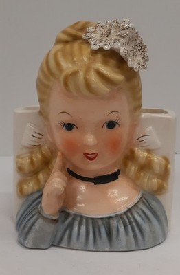 VTG Ucagco Japan Lady/Girl Ceramic Planter Blonde Curls Blue Eyes&Dress 6''H