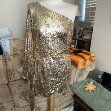 Boohoo Petite Beautiful Gold Sequin One Shoulder Wrap Mini Dress 8 BNWT