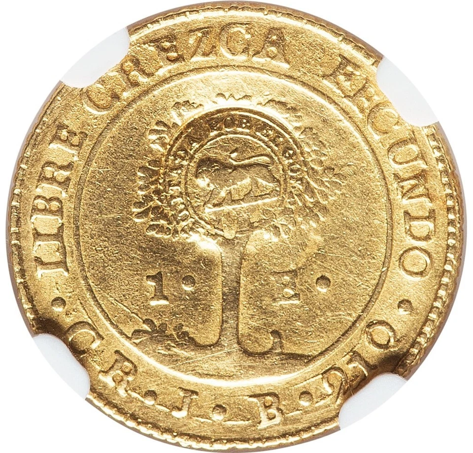 Costa Rica: Republic Gold Counterstamped Escudo ND (1849-1857) CR-E NGC AU-50! - Image 2 of 4