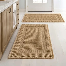 Set of 2 Waffle Bathroom Rugs, Boho Bath Rug Super Absorbent, Non Slip Washab...