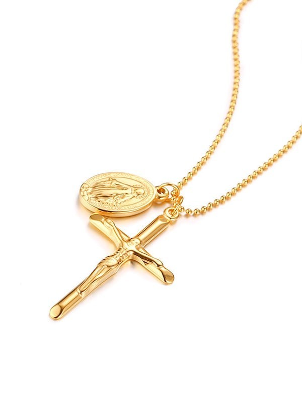 Collier croix et Sainte Vierge Miraculeuse en acier hypoallergénique aux finitions ciselées main