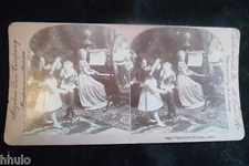 STA691 Genre Scene Dance Children Piano Albumen STEREO Photo Stereoview 1900