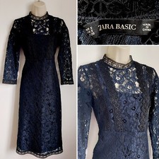 Zara Navy Blue Black Lace Knee-Length Long Sleeve Pencil Dress Size Small