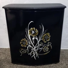 Vintage Hand Painted Floral Metal Laundry Hamper Black