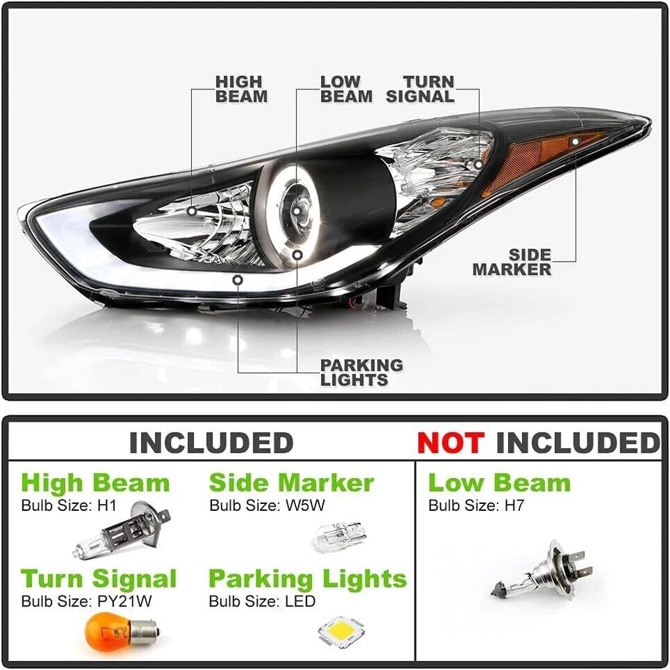 Juego de pares de faros halo tira LED DRL negros para Hyundai Elantra 2011 2012 2013 Foto 2 de 4