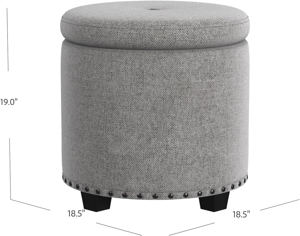 Home Decor | Upholstered round Storage Ottoman with Nailheads| Ottoman with Stor - Image 3 of 4