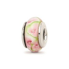 Reflection Beads Sterling Silver Hand Blown Pink  Green Flowers Glass Bead