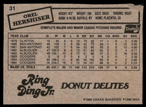 1986 Drake's Big Hitters #31 Orel Hershiser - Picture 2 of 2