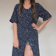 Vintage 90s Blue Floral Tie Back Button Up Midi Dress UK 14