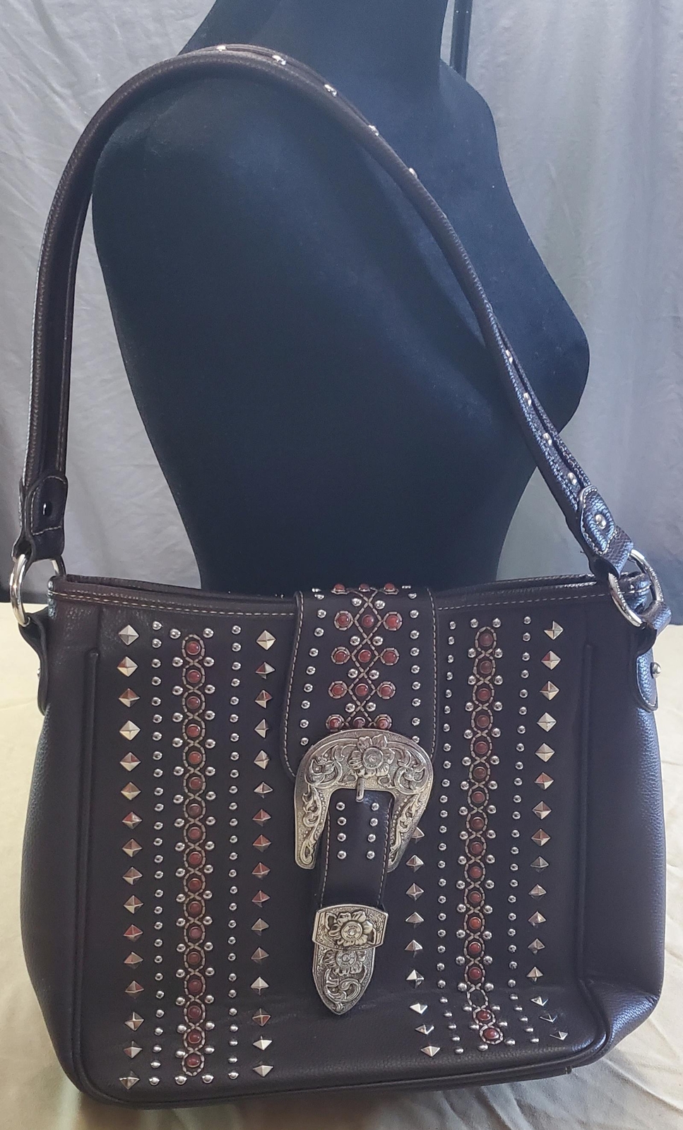 Edgy Silver Buckle Studded Leather Handbag for Women  