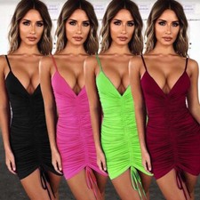 Sexy Women's Deep V Neck Spaghetti Strap Rushed Bodycon Cocktail Club Mini Dress