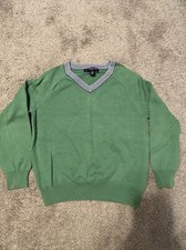 Brooks Brothers  346  Boys Cotton Sweater Green Navy White Stripes VNECK XS