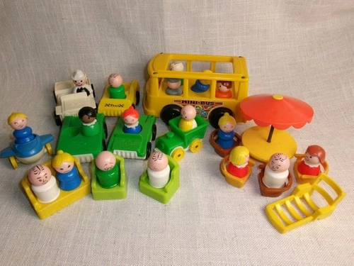 Vintage Fisher Price Little People Lot of 34 Chairs, Cars, Mini Bus, Furniture