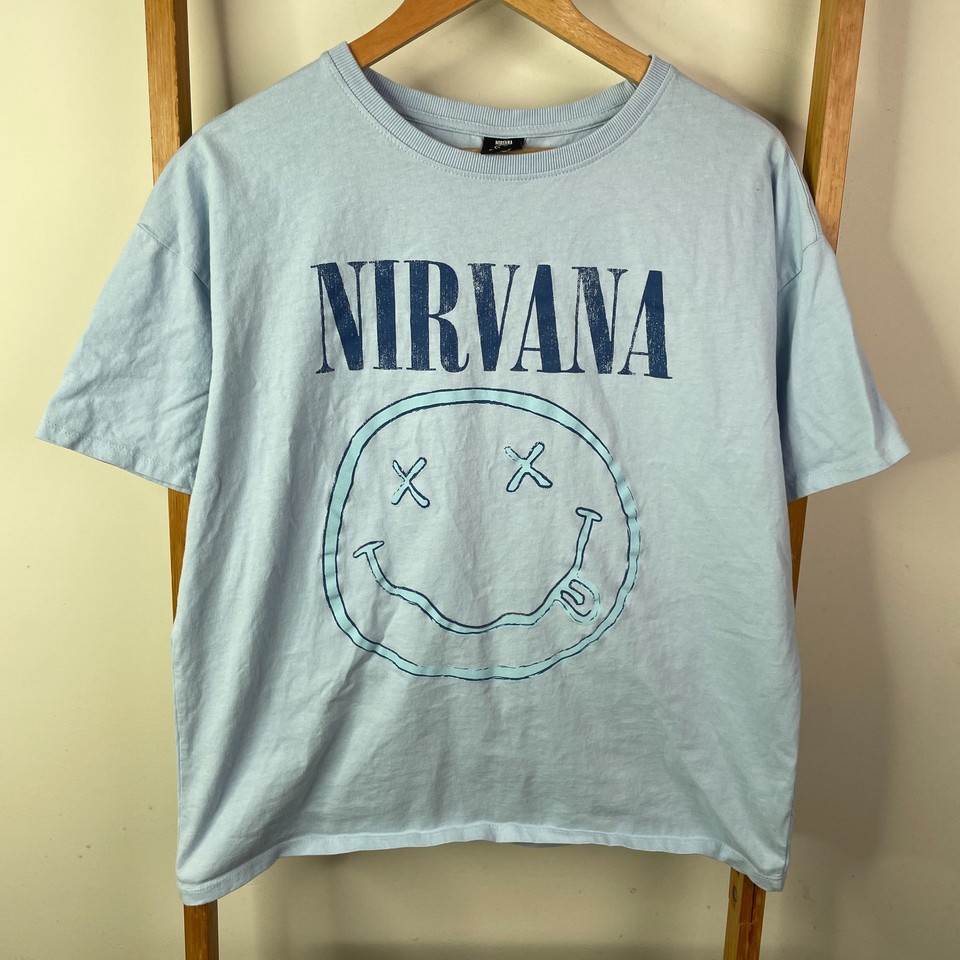 Nirvana T-Shirt Womens 14 Light Blue Smiley Logo Band Merch Oversized