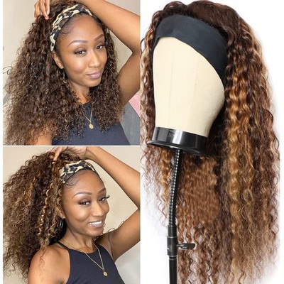 Rebasar Ombre Highlight Headband Wig Human Hair Deep Wave Curly Glueless