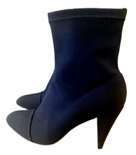 MARION PARKE Devon Navy Crepe Stretch Sock Cone Heel Ankle Booties Sz 41