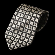 90s Vintage Stafford 100 Silk Necktie Black Silver Gray Diamond Medallion Shiny