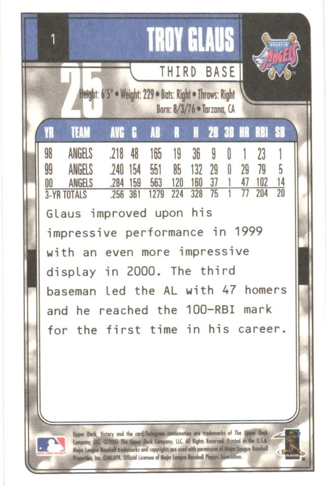 2001 Upper Deck Victory #1 Troy Glaus Anaheim Angels - Image 2 of 2